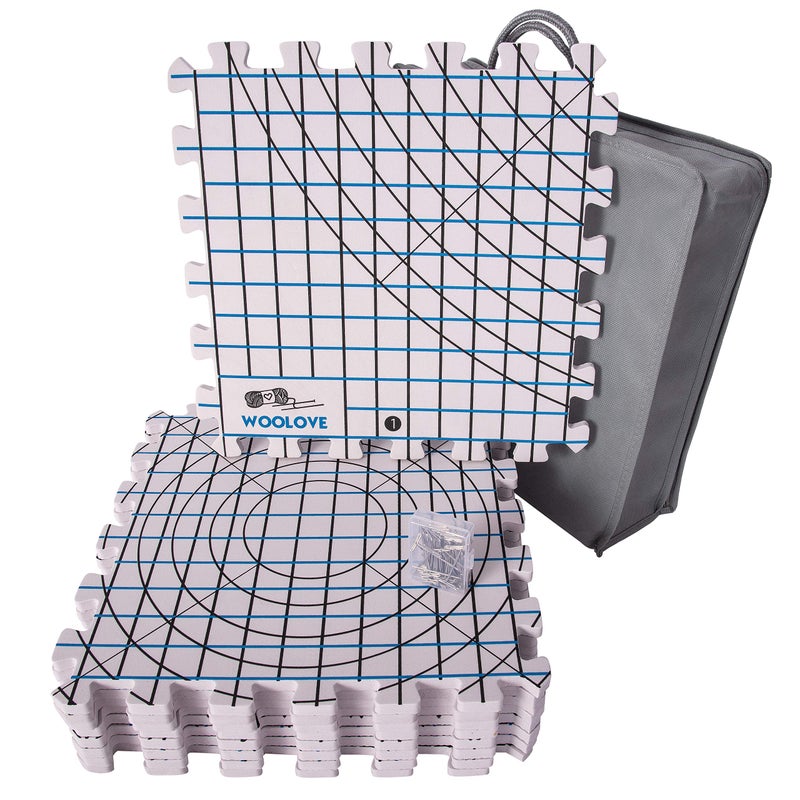 WOOLOVE Blocking Mats for Wet and Steam Blocking with Grids and Radial Circles for Curved Projects - 1 cm Thickness - Set of 9 Marked with Numbers Includes 50 t pins and Storage Bag - Image 1